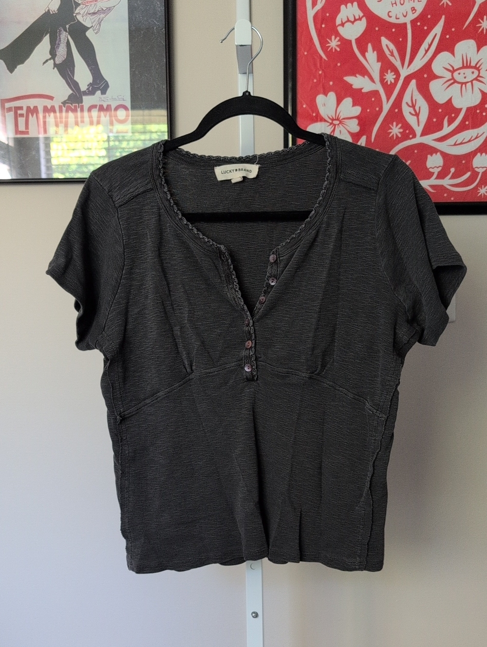 Lucky Brand Charcoal Gray Short Sleeve Henley Top